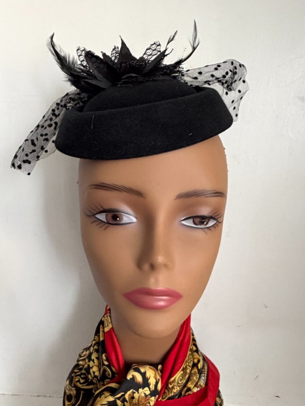 Vintage 1960s Floral Fascinator Pillbox Hat Black Feathers Beads Polka Dot Bow